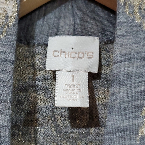 Chico's Gray and Cream Cardigan Sweater with Intricate Gold Shimmer Design - Picture 2 of 7